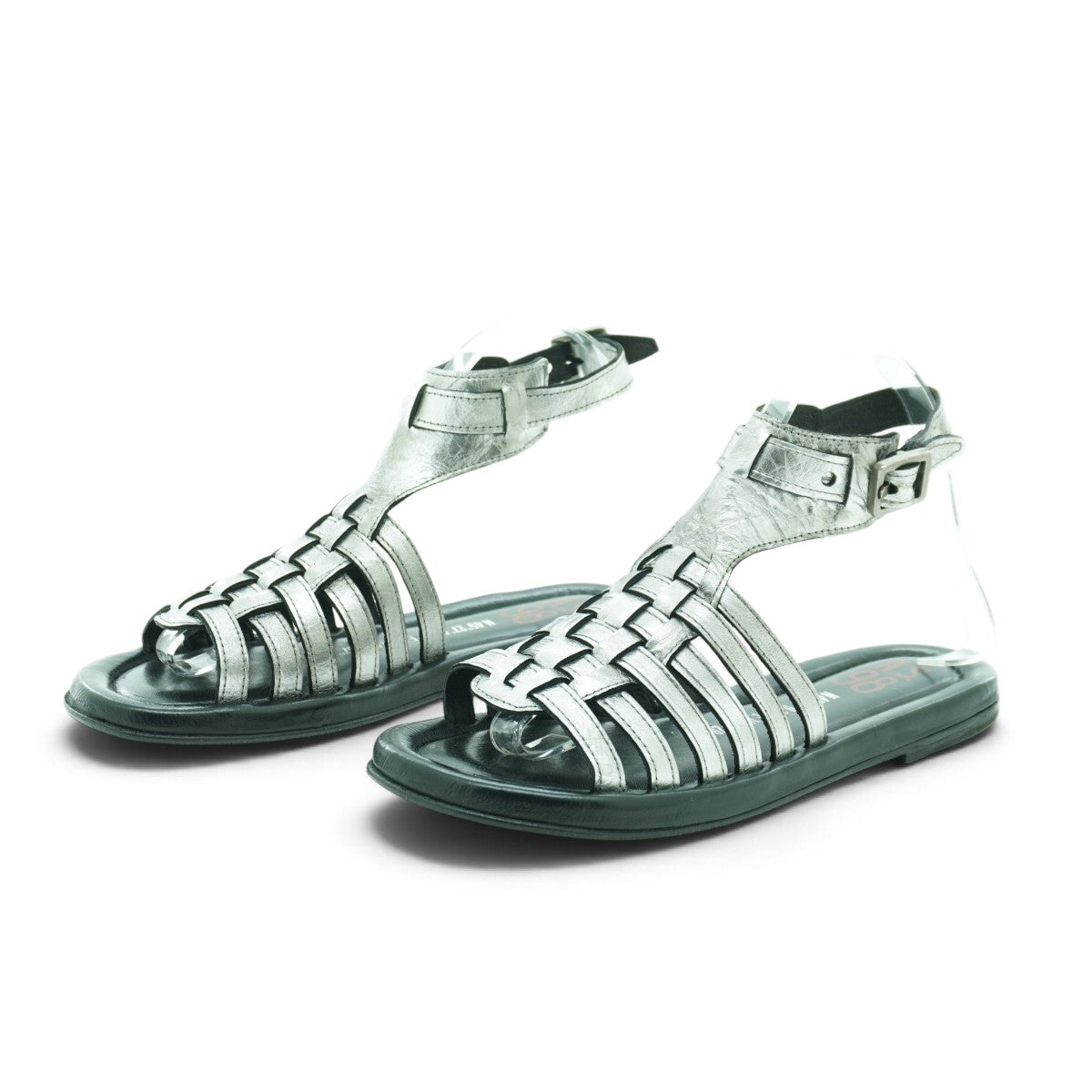 As98 Flat Gladiator Sandal in Beautifully Distressed Silver Metallic
