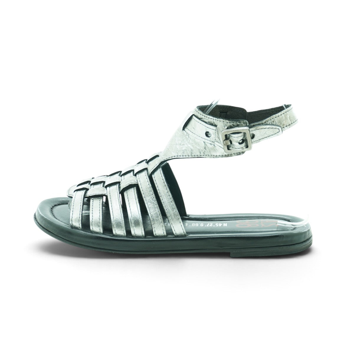 As98 Flat Gladiator Sandal in Beautifully Distressed Silver Metallic
