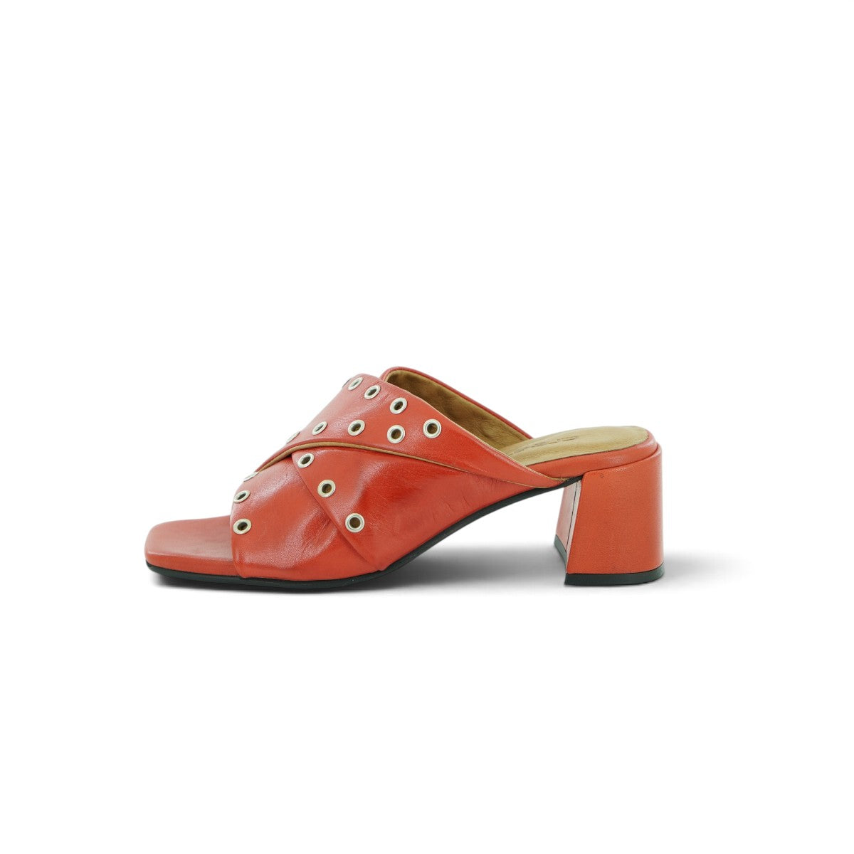 Crea Crossover Heeled Mule in Rich Terracotta