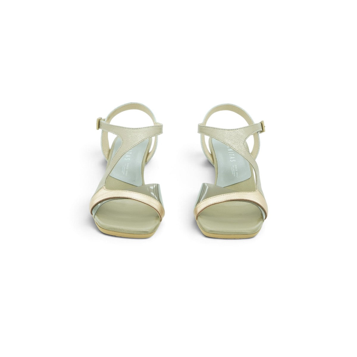 Hispanitas Asymmetric Cross-strap Heeled Sandal in Soft Champagne Metallic