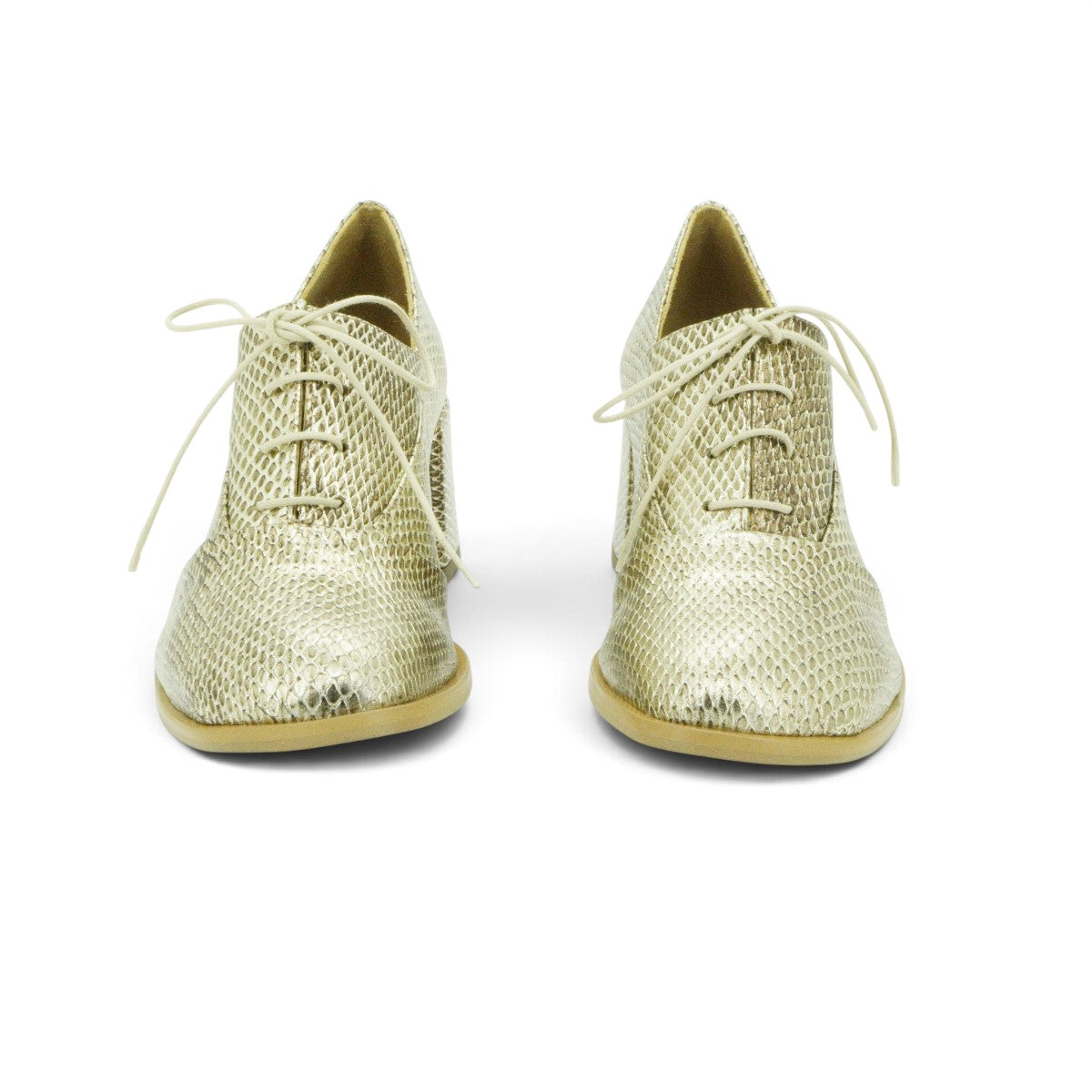 Audley Lace-up Oxford Heel in Champagne Metallic Snake-embossed