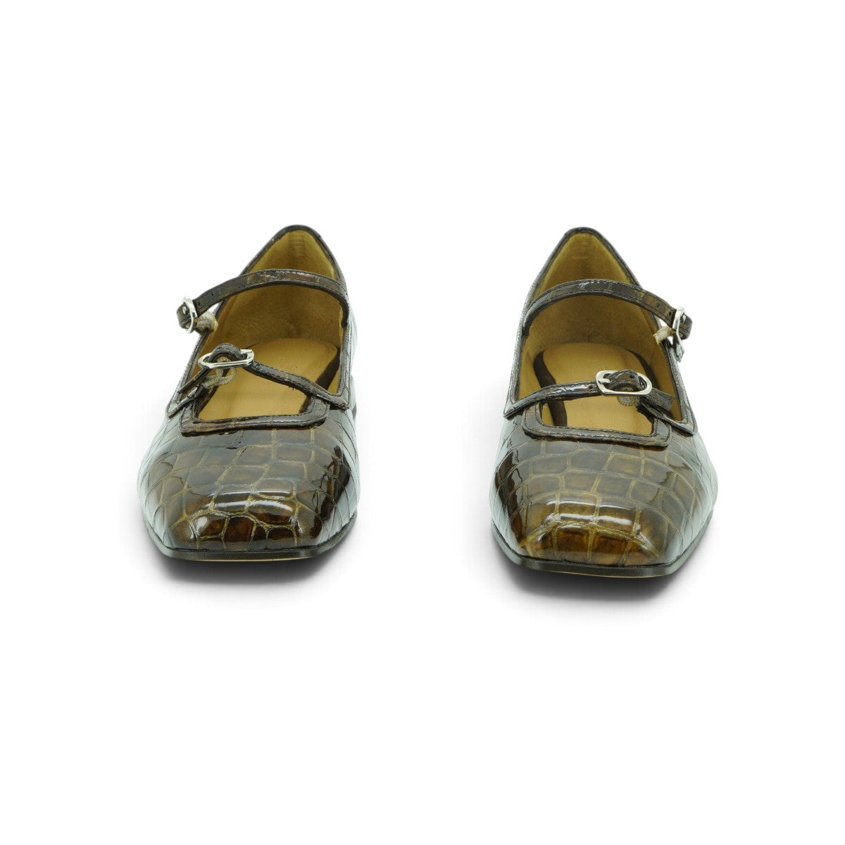 Audley Double-strap Mary Jane in Metallic Bronze Croc-embossed