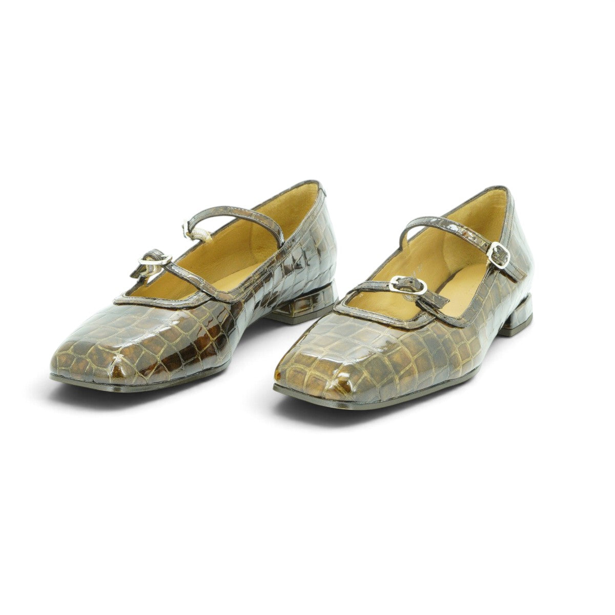 Audley Double-strap Mary Jane in Metallic Bronze Croc-embossed