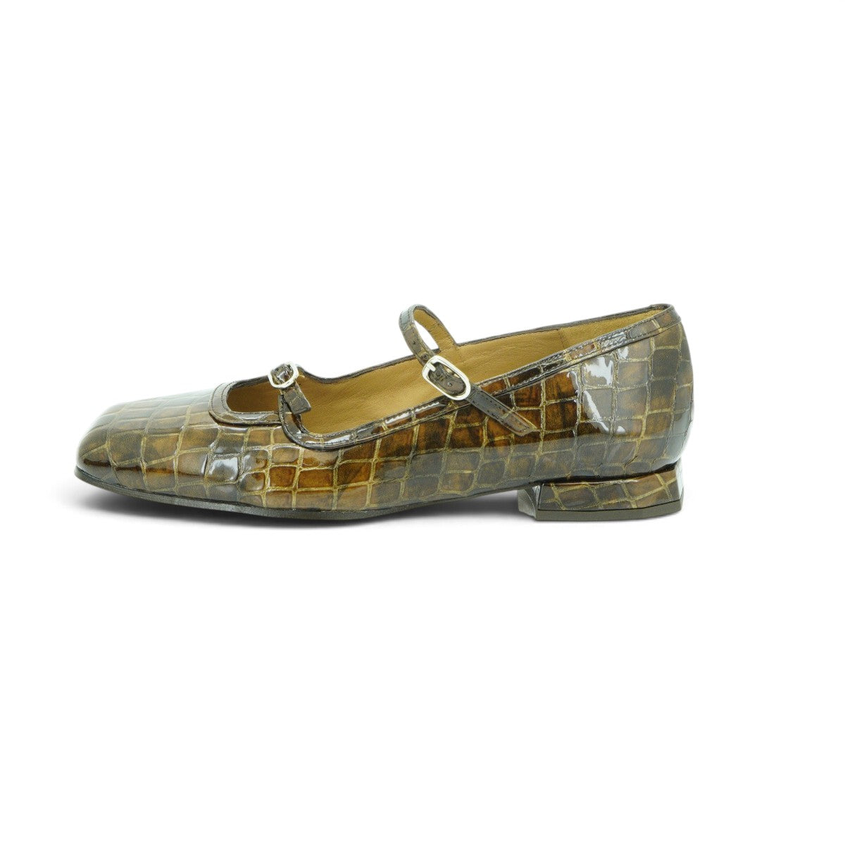 Audley Double-strap Mary Jane in Metallic Bronze Croc-embossed