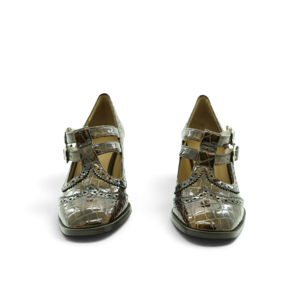 Audley Taupe Croc-Embossed Patent Leather Double-Strap Brogue Block Heel Mary Jane | 2026AUD13