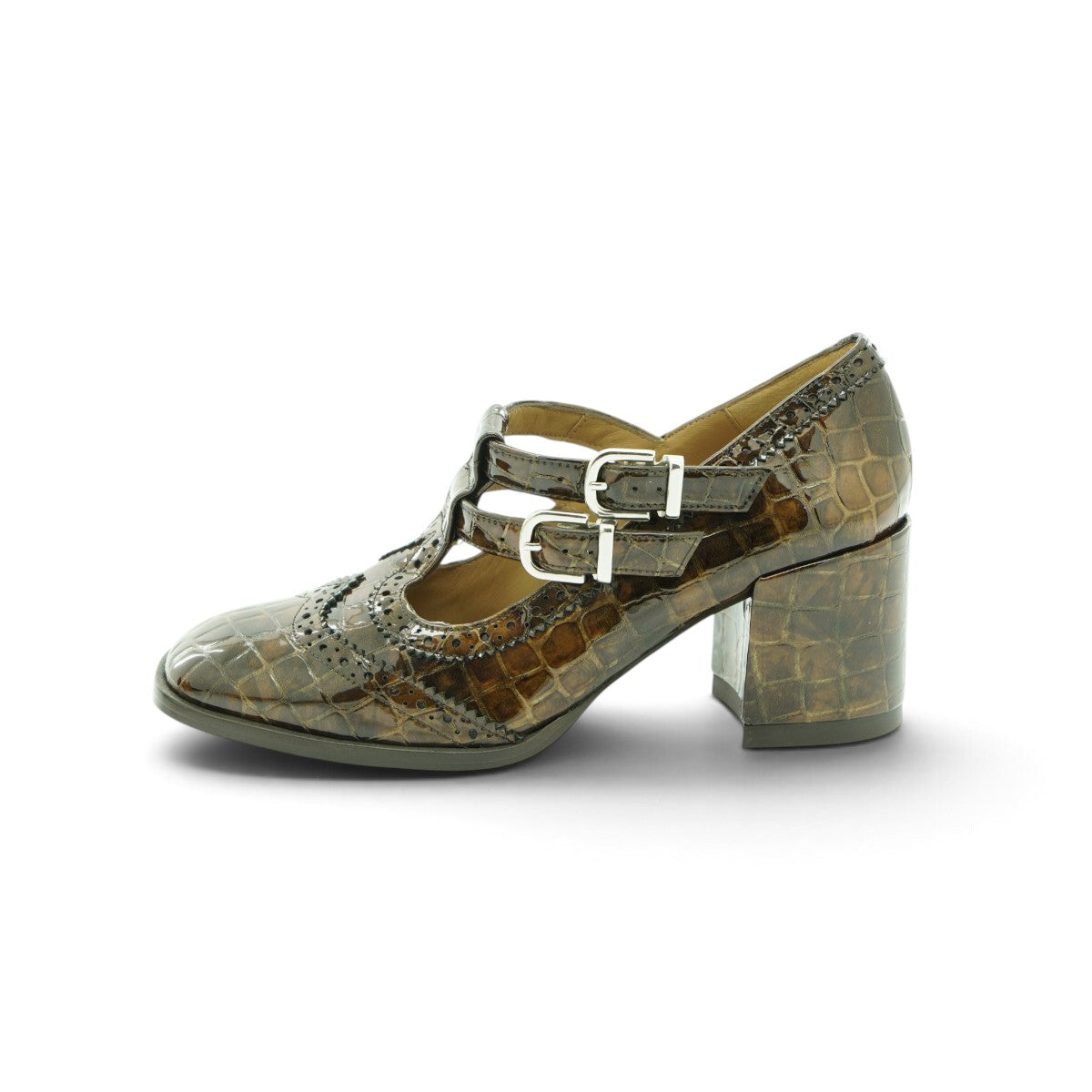 Audley Taupe Croc-Embossed Patent Leather Double-Strap Brogue Block Heel Mary Jane | 2026AUD13