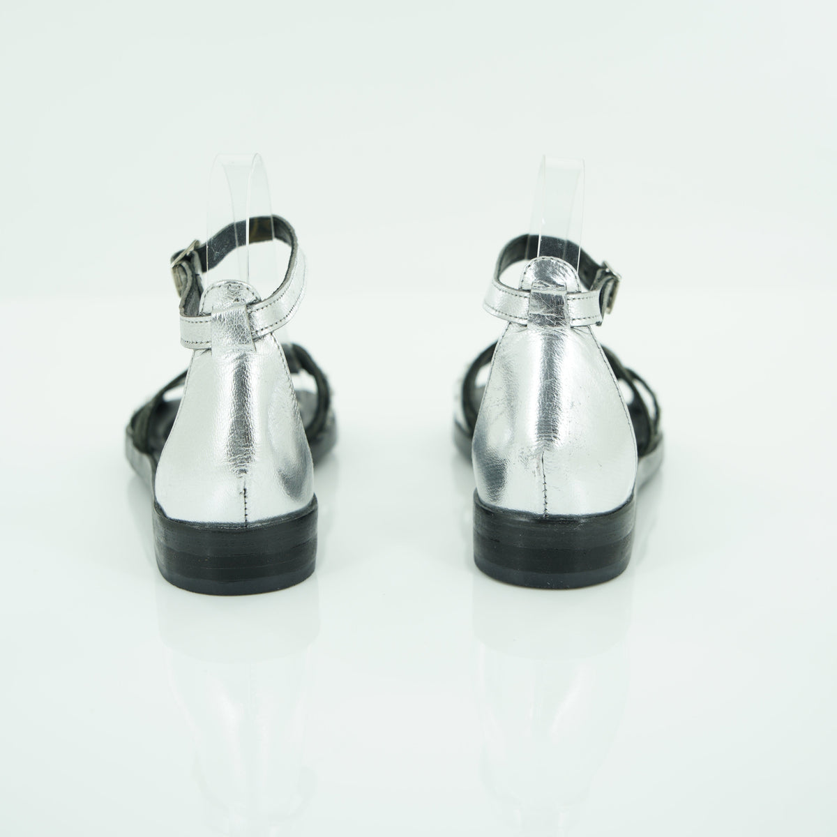 Mjus Two-Tone Flat Sandal - Black & Silver Leather