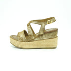 Mjus Cross-Strap Wedge Sandal - Gold Floral-Embossed Leather