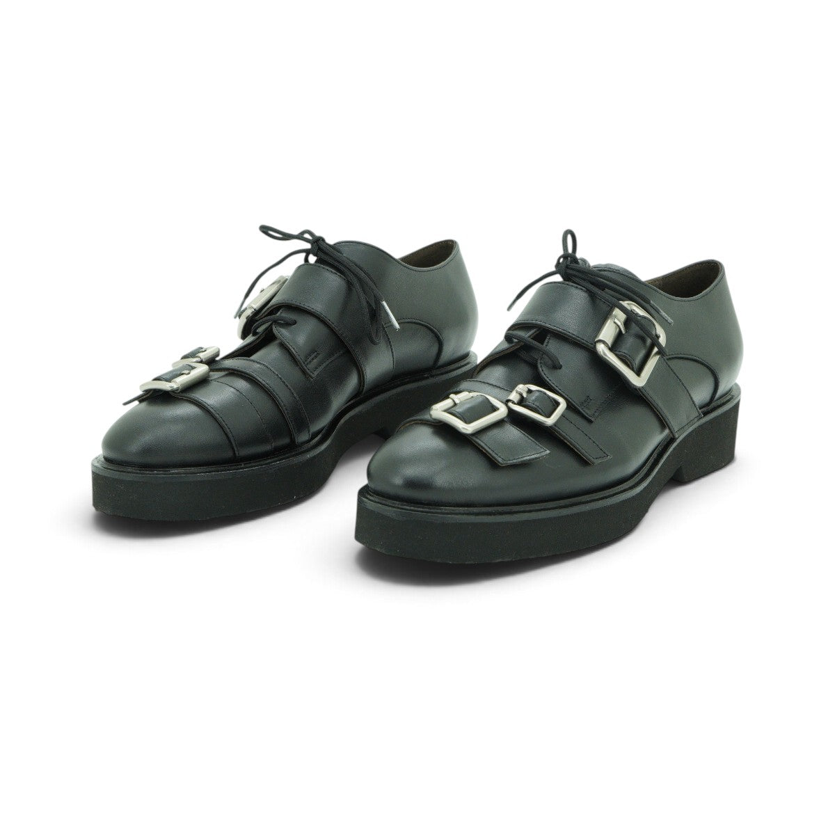 Vavoulas Black Leather Double Buckle Lace-Up Oxford Lug Sole | 2026VAV05
