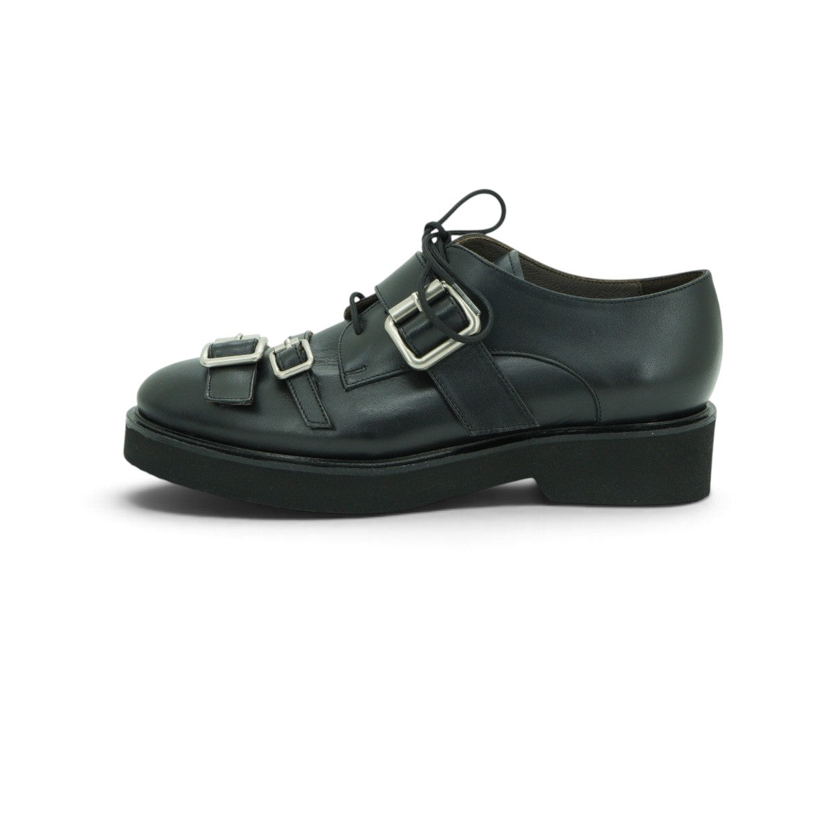 Vavoulas Black Leather Double Buckle Lace-Up Oxford Lug Sole | 2026VAV05