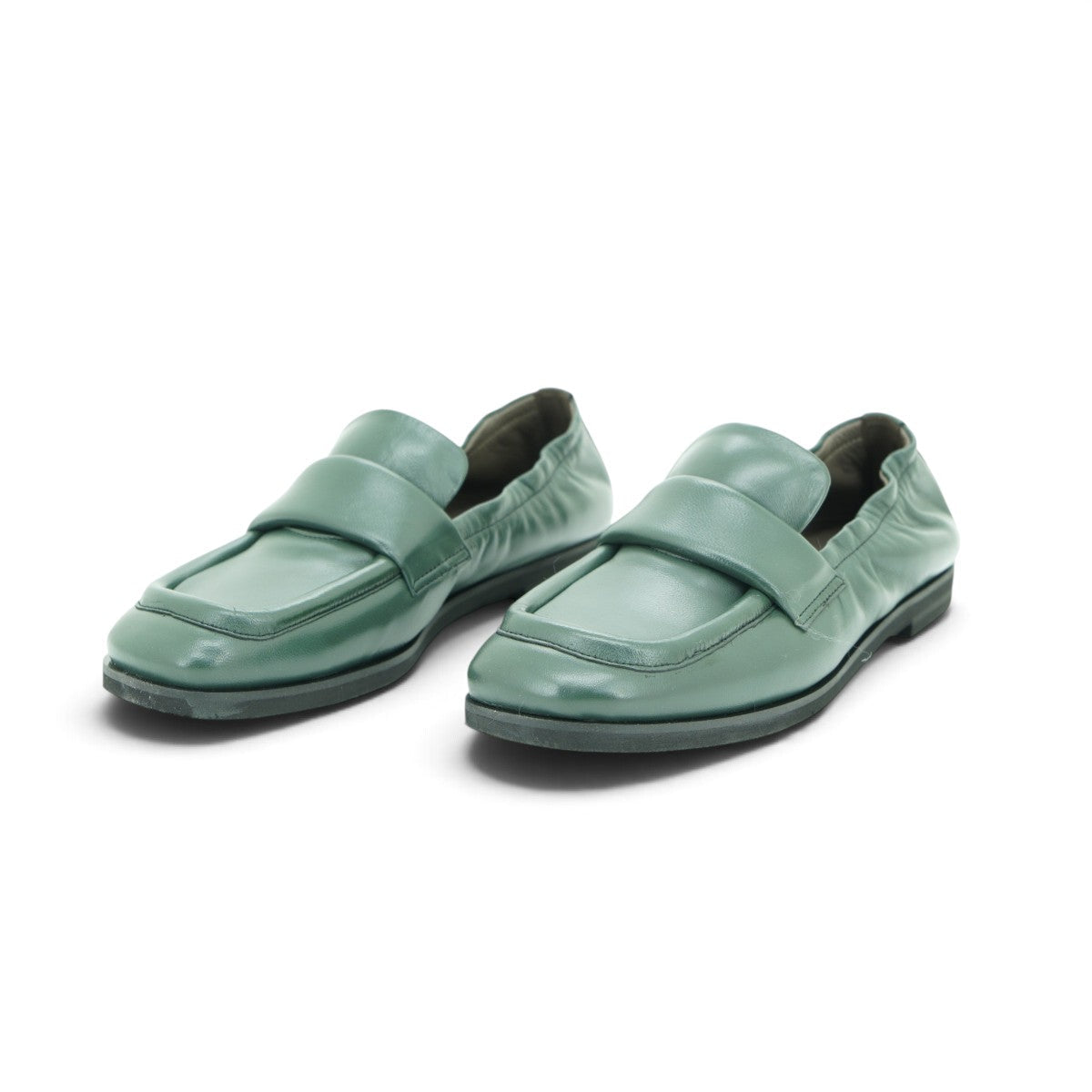Vavoulas Sage Green Leather Ruched Square-Toe Flat Loafer | 2026VAV06