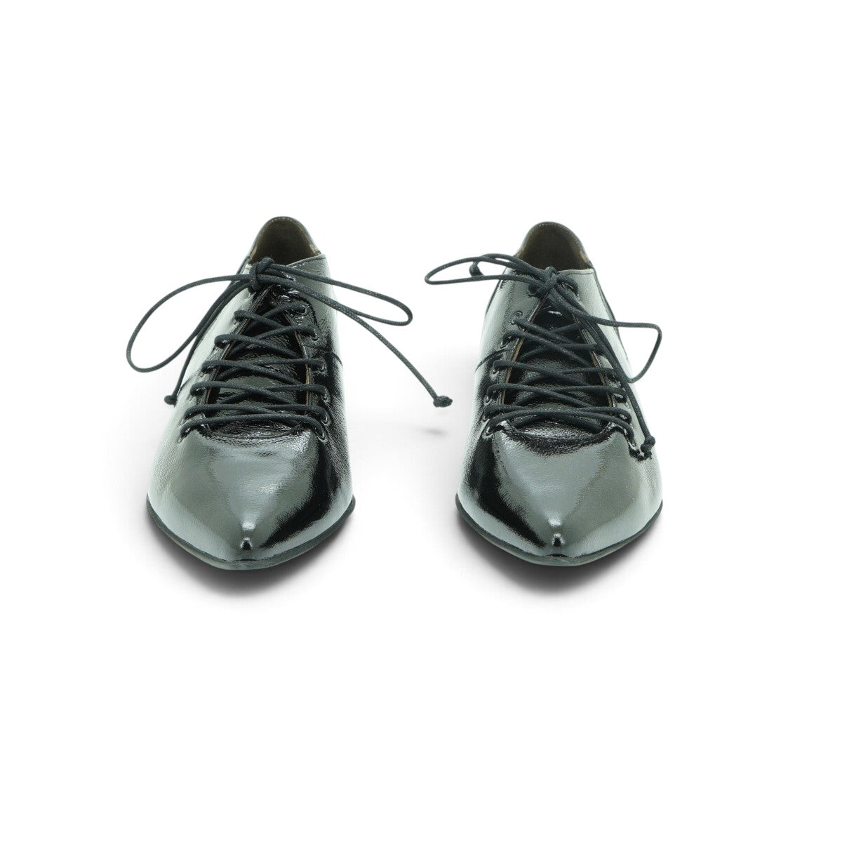 Vavoulas Black Patent Leather Lace-Up Pointed-Toe Cut-Out Mid Heel Bootie | 2026VAV07