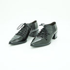 Vavoulas Black Patent Leather Lace-Up Pointed-Toe Cut-Out Mid Heel Bootie | 2026VAV07
