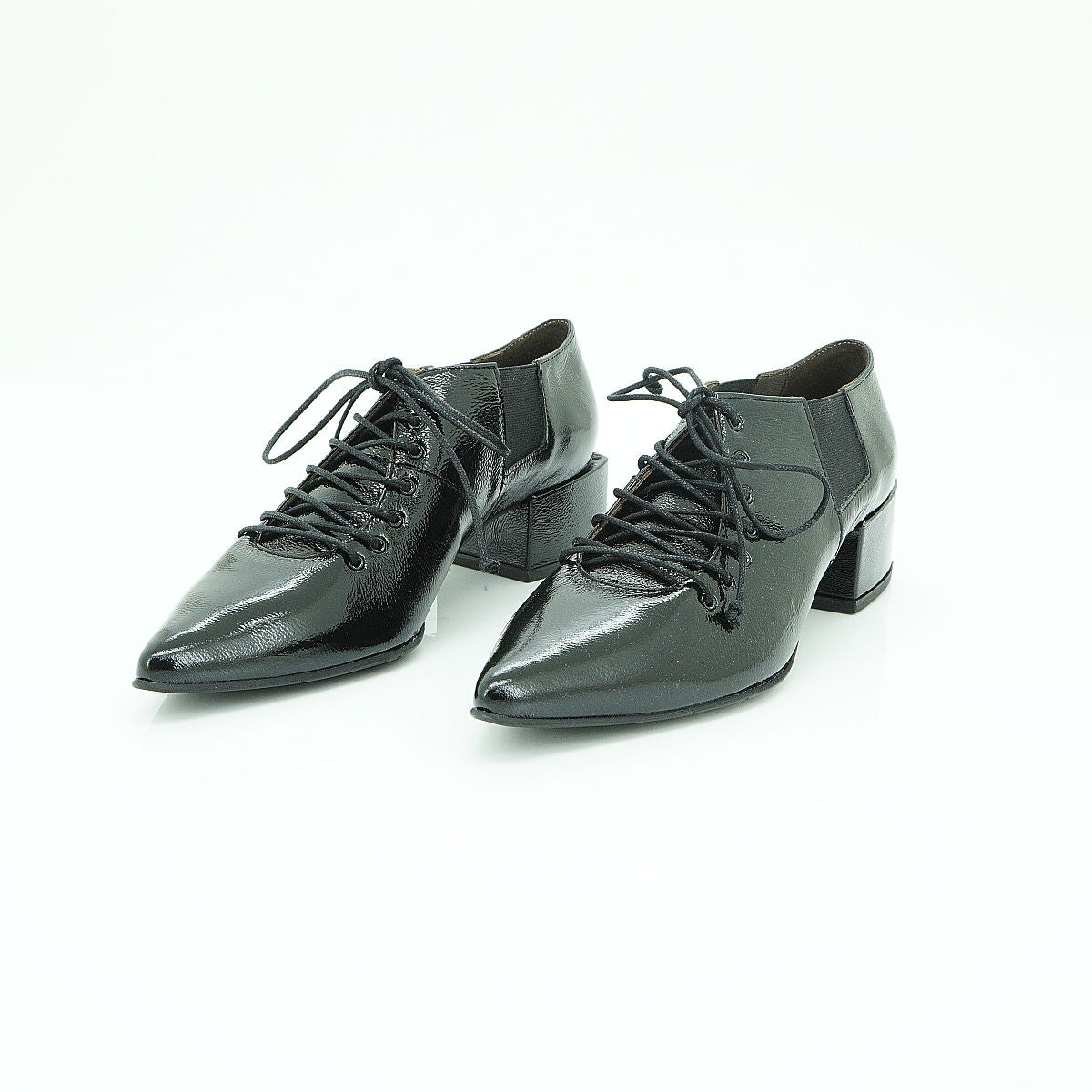 Vavoulas Black Patent Leather Lace-Up Pointed-Toe Cut-Out Mid Heel Bootie | 2026VAV07