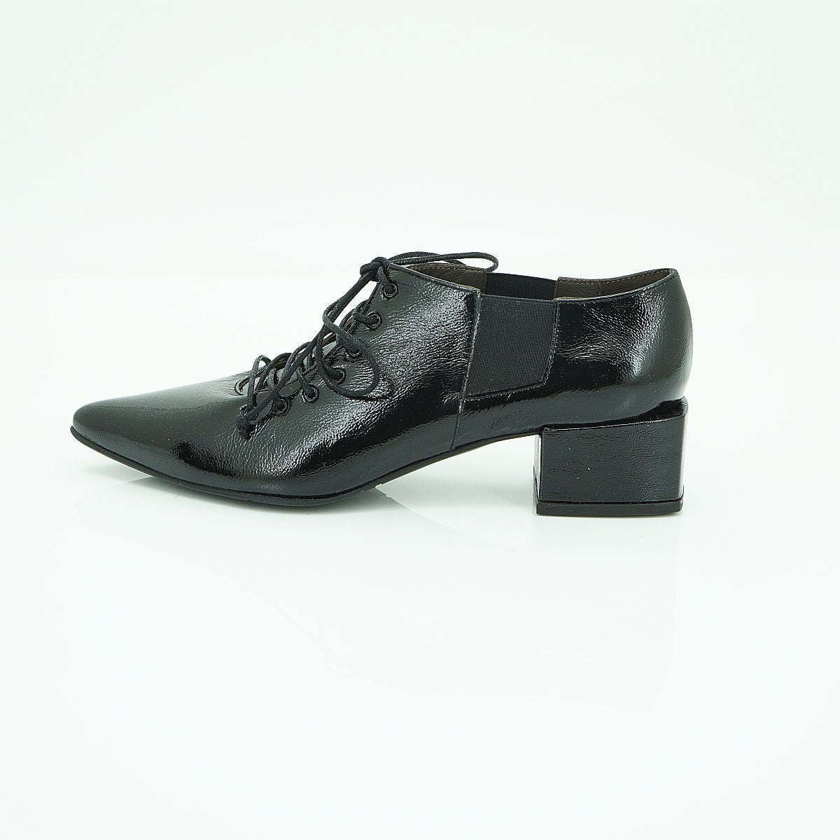 Vavoulas Black Patent Leather Lace-Up Pointed-Toe Cut-Out Mid Heel Bootie | 2026VAV07