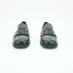Vavoulas Forest Green & Brown Leather Eyelet Strap Square-Toe Block Heel Loafer | 2026VAV08