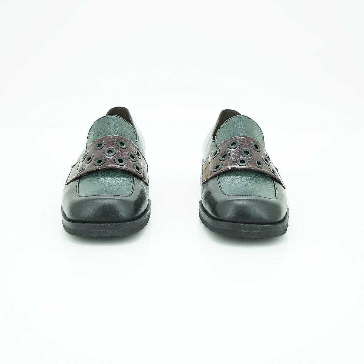 Vavoulas Forest Green & Brown Leather Eyelet Strap Square-Toe Block Heel Loafer | 2026VAV08