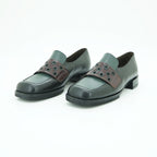 Vavoulas Forest Green & Brown Leather Eyelet Strap Square-Toe Block Heel Loafer | 2026VAV08