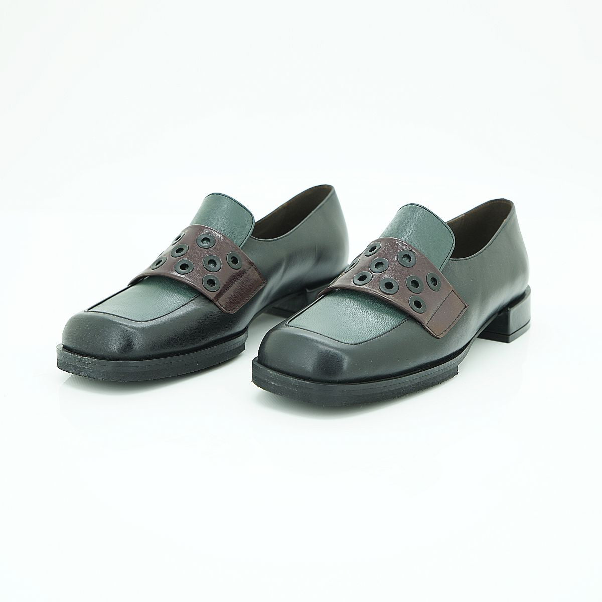 Vavoulas Forest Green & Brown Leather Eyelet Strap Square-Toe Block Heel Loafer | 2026VAV08