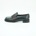 Vavoulas Forest Green & Brown Leather Eyelet Strap Square-Toe Block Heel Loafer | 2026VAV08