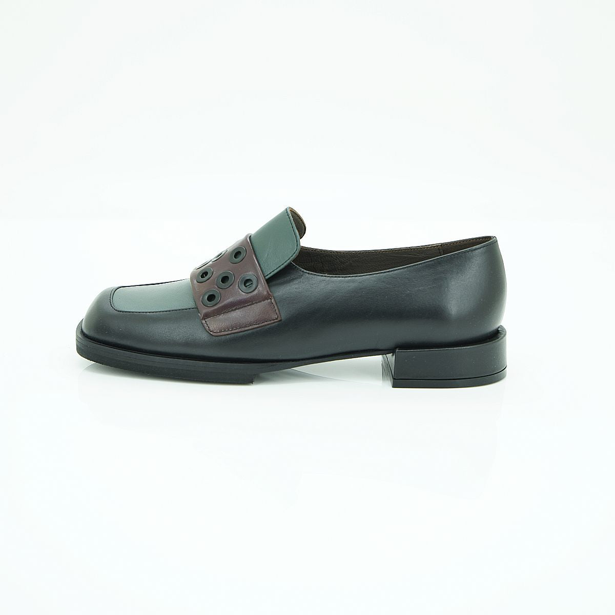 Vavoulas Forest Green & Brown Leather Eyelet Strap Square-Toe Block Heel Loafer | 2026VAV08