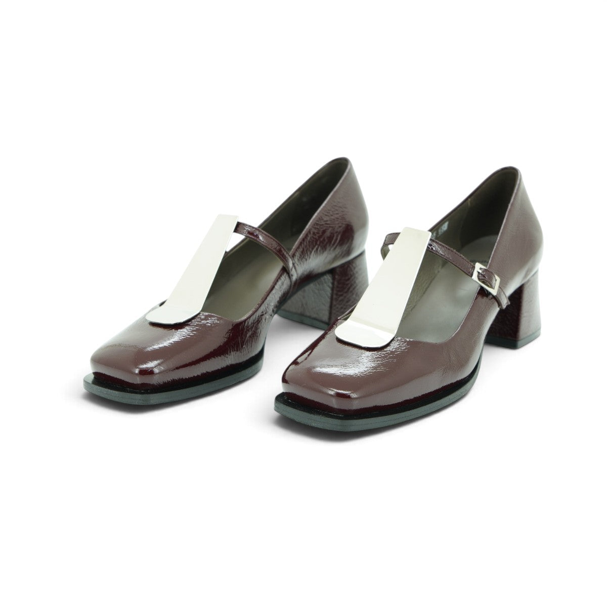 Vavoulas Burgundy Patent Leather Cream T-Bar Square-Toe Mary Jane Block Heel | 2026VAV10