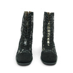 Vavoulas Black Suede & Floral Lace Lace-Up Square-Toe Block Heel Mid-Calf Boot | 2026VAV11