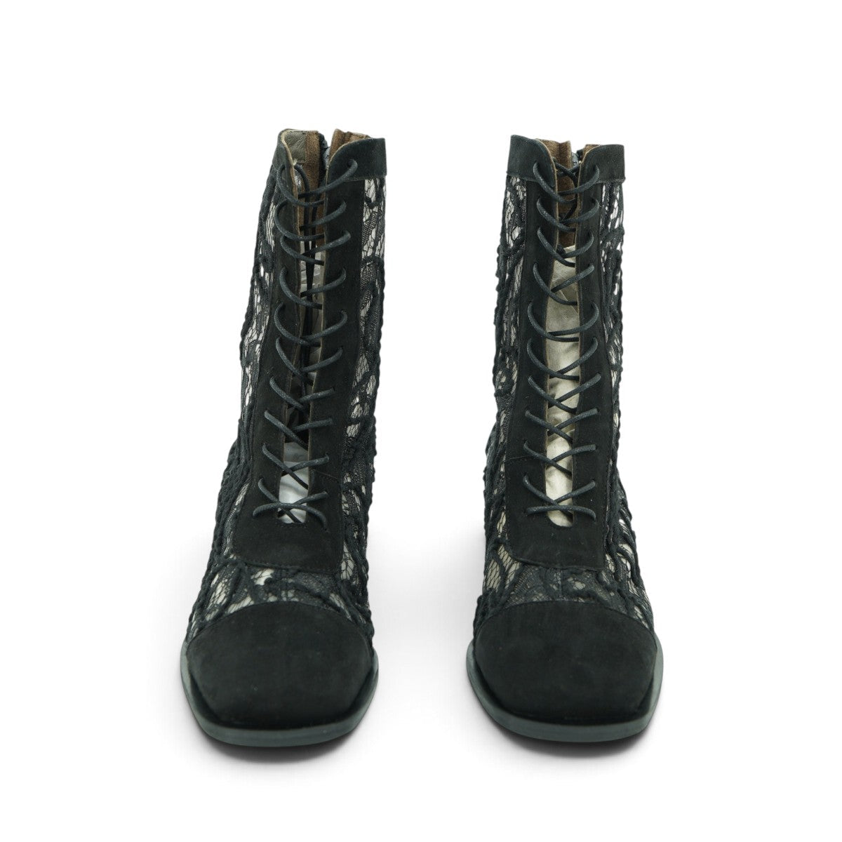 Vavoulas Black Suede & Floral Lace Lace-Up Square-Toe Block Heel Mid-Calf Boot | 2026VAV11
