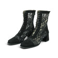 Vavoulas Black Suede & Floral Lace Lace-Up Square-Toe Block Heel Mid-Calf Boot | 2026VAV11