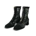 Vavoulas Black Suede & Floral Lace Lace-Up Square-Toe Block Heel Mid-Calf Boot | 2026VAV11