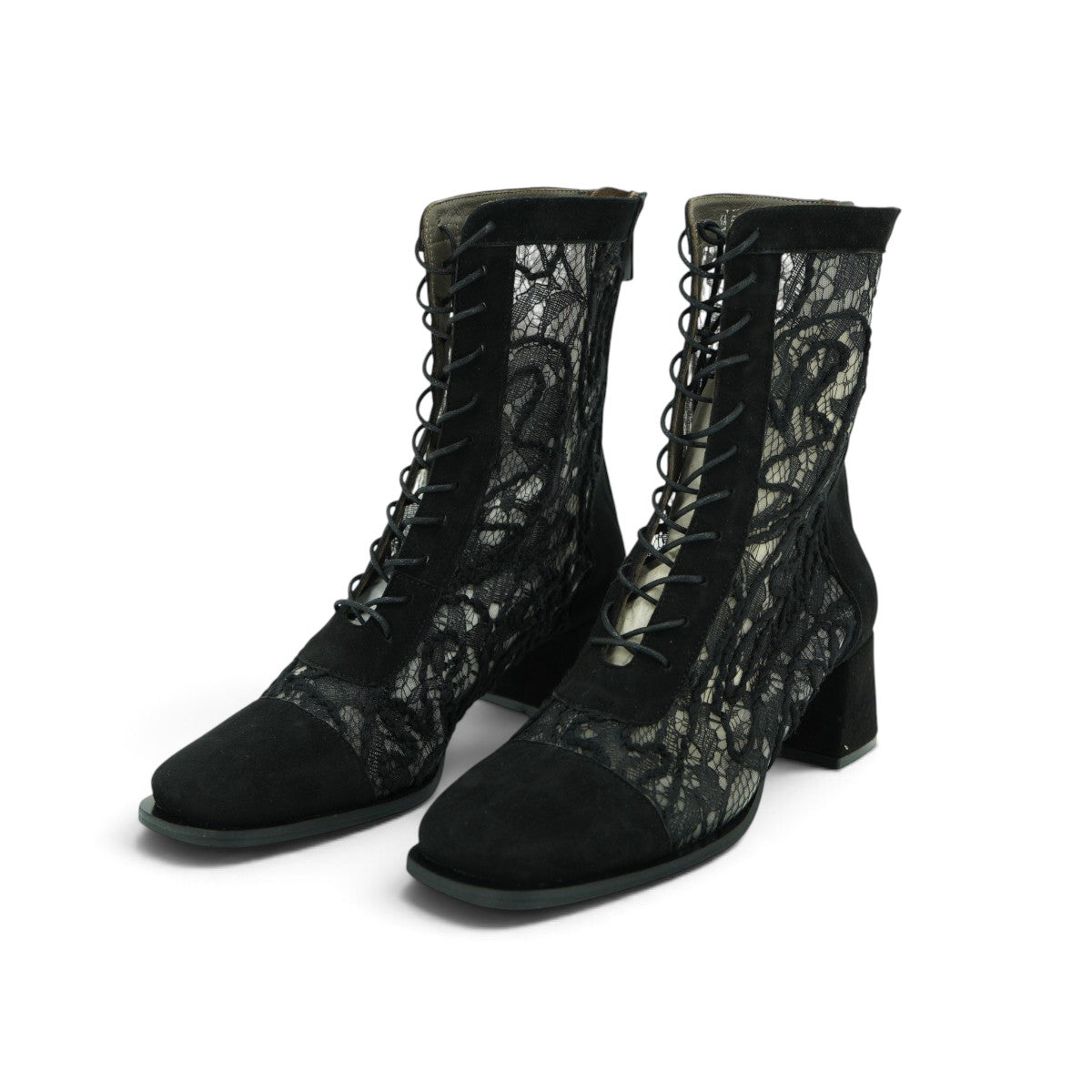 Vavoulas Black Suede & Floral Lace Lace-Up Square-Toe Block Heel Mid-Calf Boot | 2026VAV11