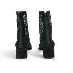 Vavoulas Black Suede & Floral Lace Lace-Up Square-Toe Block Heel Mid-Calf Boot | 2026VAV11