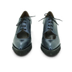 Vavoulas Metallic Steel Blue Leather Cut-Out Lace-Up Pointed-Toe Block Heel Oxford | 2026VAV14