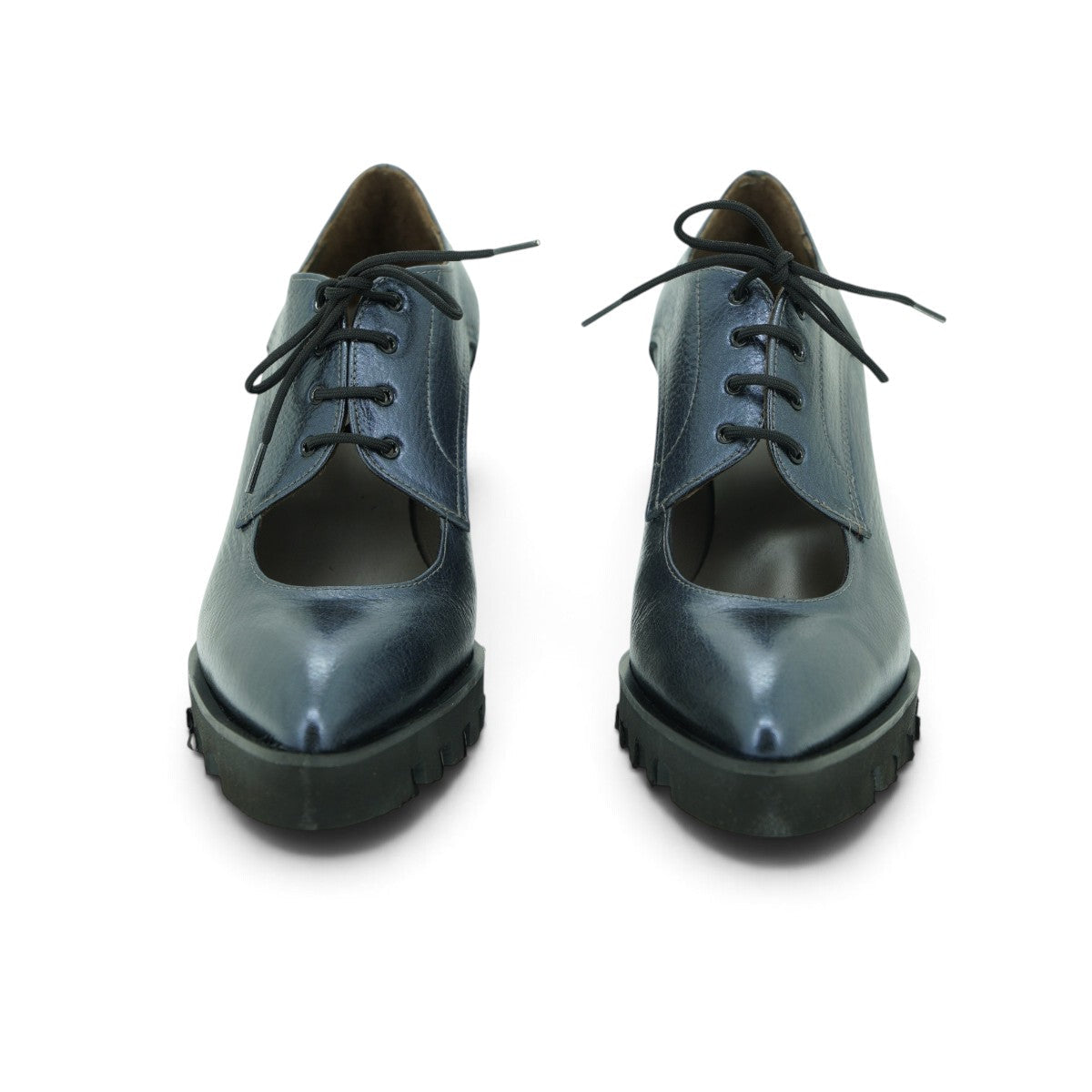 Vavoulas Metallic Steel Blue Leather Cut-Out Lace-Up Pointed-Toe Block Heel Oxford | 2026VAV14