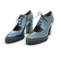 Vavoulas Metallic Steel Blue Leather Cut-Out Lace-Up Pointed-Toe Block Heel Oxford | 2026VAV14