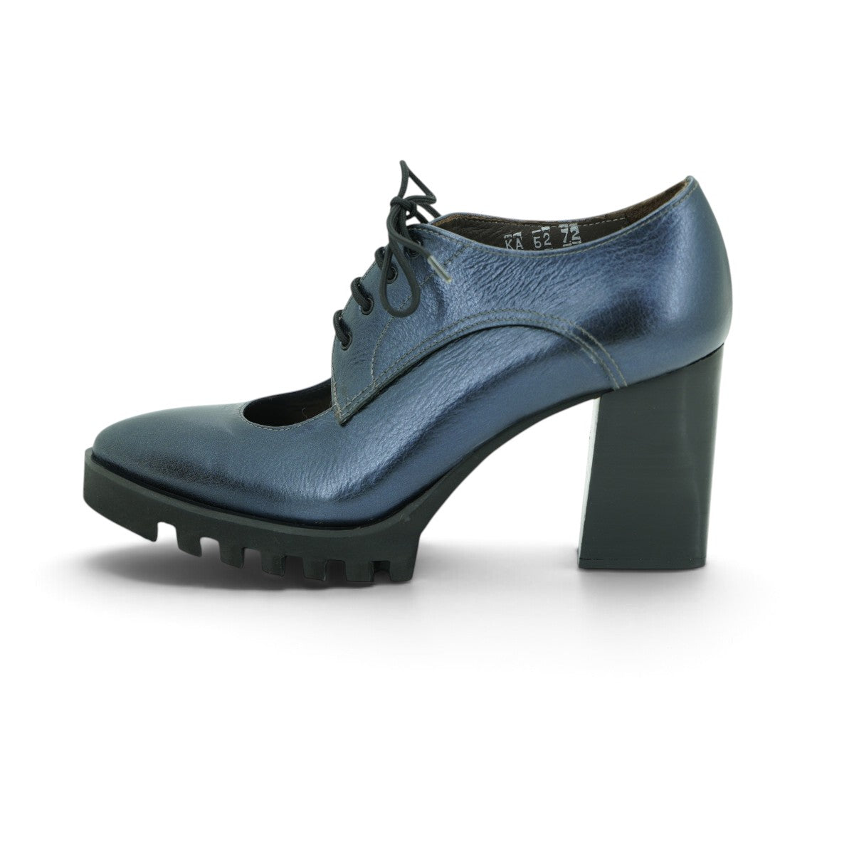 Vavoulas Metallic Steel Blue Leather Cut-Out Lace-Up Pointed-Toe Block Heel Oxford | 2026VAV14