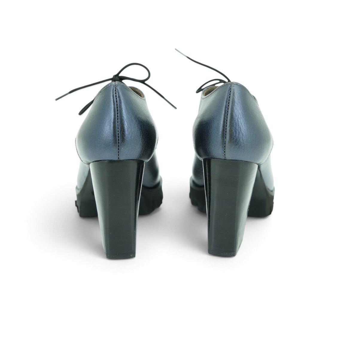 Vavoulas Metallic Steel Blue Leather Cut-Out Lace-Up Pointed-Toe Block Heel Oxford | 2026VAV14