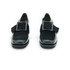 Vavoulas Black Leather & Suede Oversized Square Buckle Square-Toe Block Heel Monk Strap | 2026VAV15