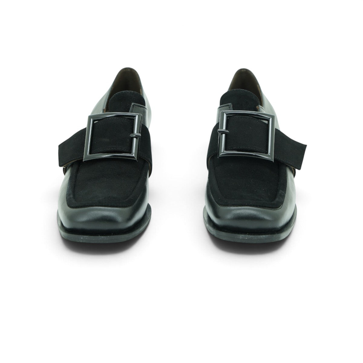 Vavoulas Black Leather & Suede Oversized Square Buckle Square-Toe Block Heel Monk Strap | 2026VAV15