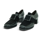 Vavoulas Black Leather & Suede Oversized Square Buckle Square-Toe Block Heel Monk Strap | 2026VAV15