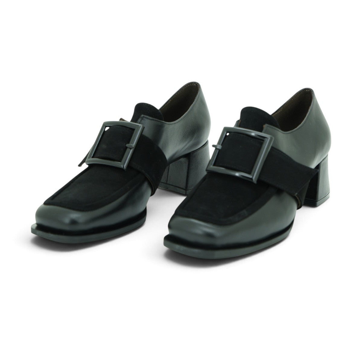 Vavoulas Black Leather & Suede Oversized Square Buckle Square-Toe Block Heel Monk Strap | 2026VAV15
