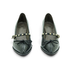 Vavoulas Black Leather Gold Studded Strap Bow Pointed-Toe Block Heel Mary Jane | 2026VAV16
