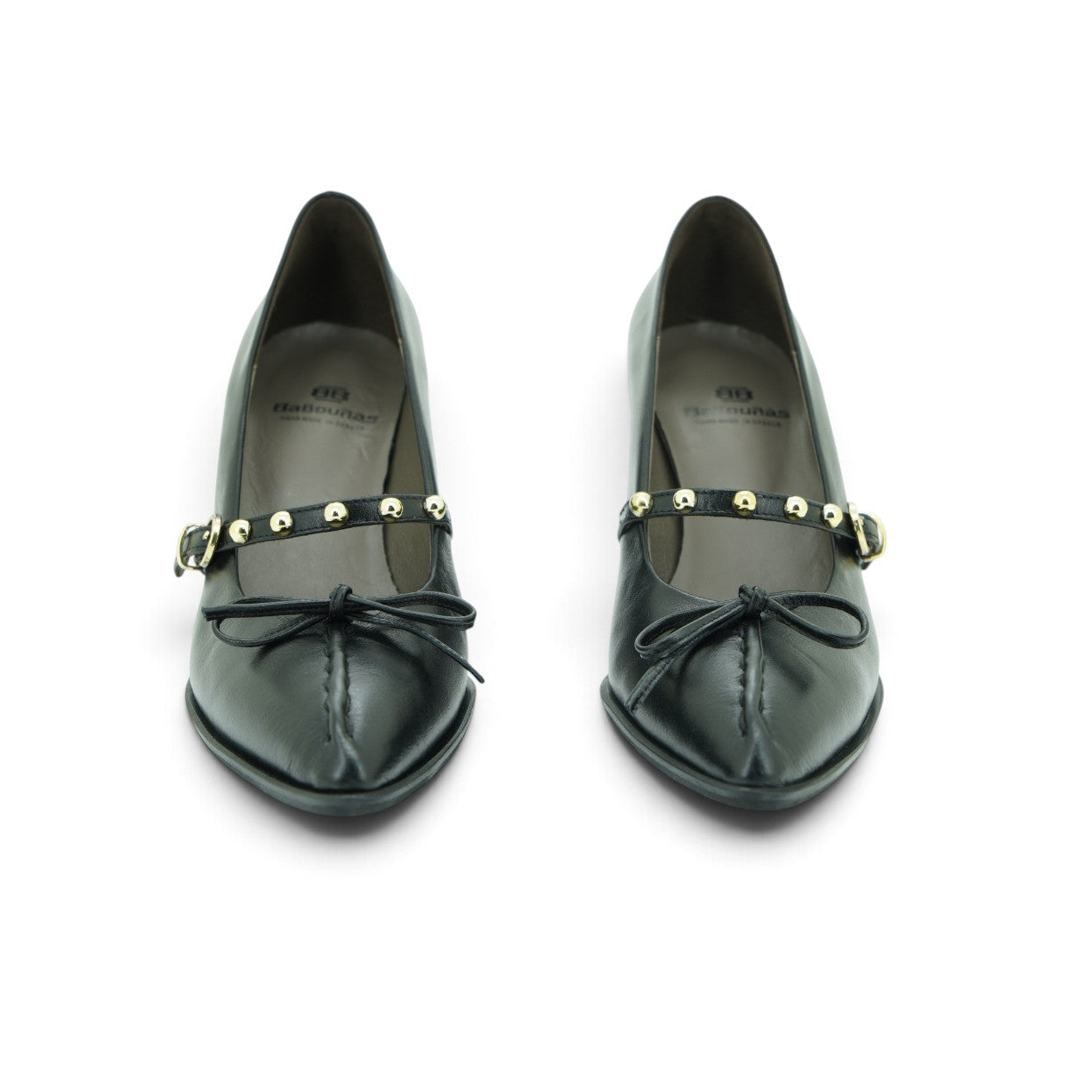 Vavoulas Black Leather Gold Studded Strap Bow Pointed-Toe Block Heel Mary Jane | 2026VAV16