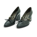 Vavoulas Black Leather Gold Studded Strap Bow Pointed-Toe Block Heel Mary Jane | 2026VAV16