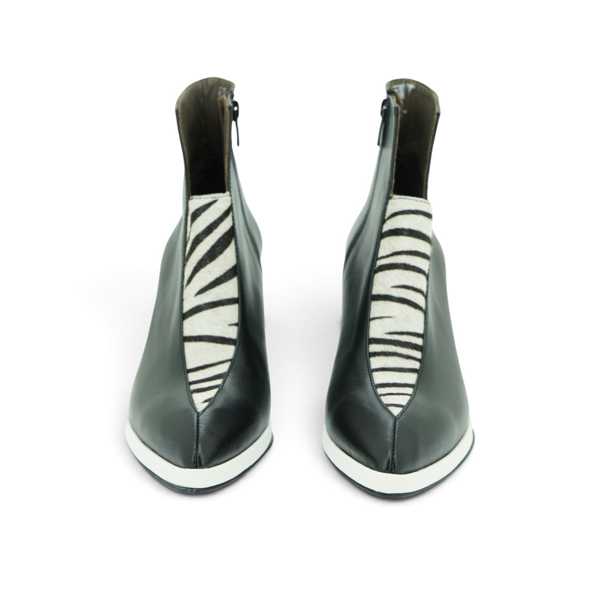 Vavoulas Black Leather Zebra Pony Hair Panel Pointed-Toe Block Heel Ankle Boot | 2026VAV18