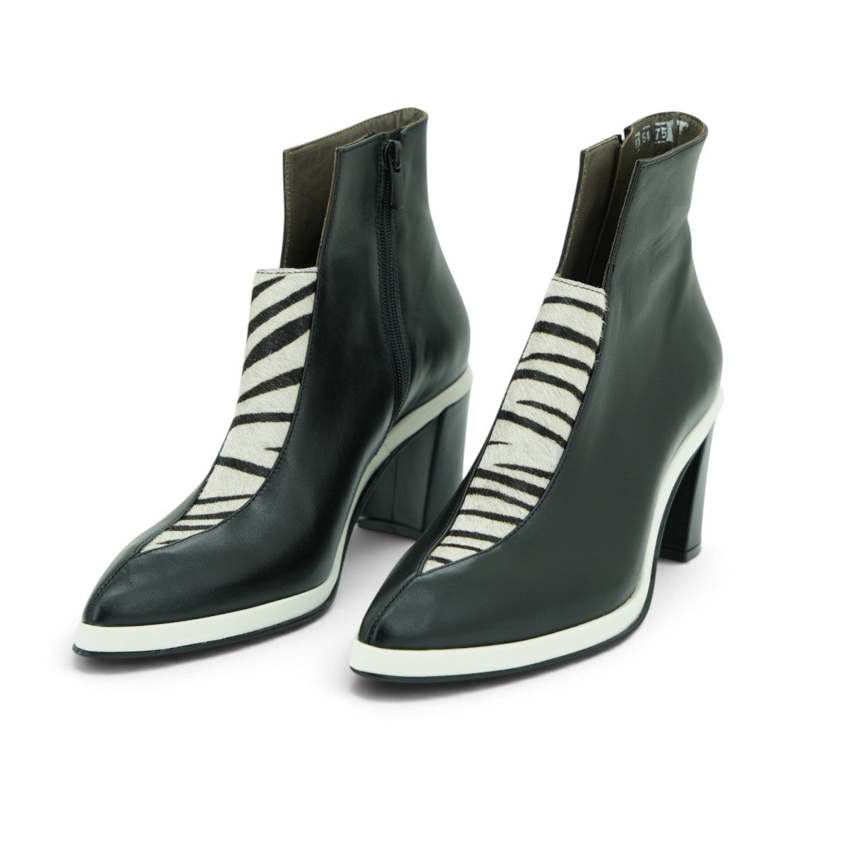 Vavoulas Black Leather Zebra Pony Hair Panel Pointed-Toe Block Heel Ankle Boot | 2026VAV18