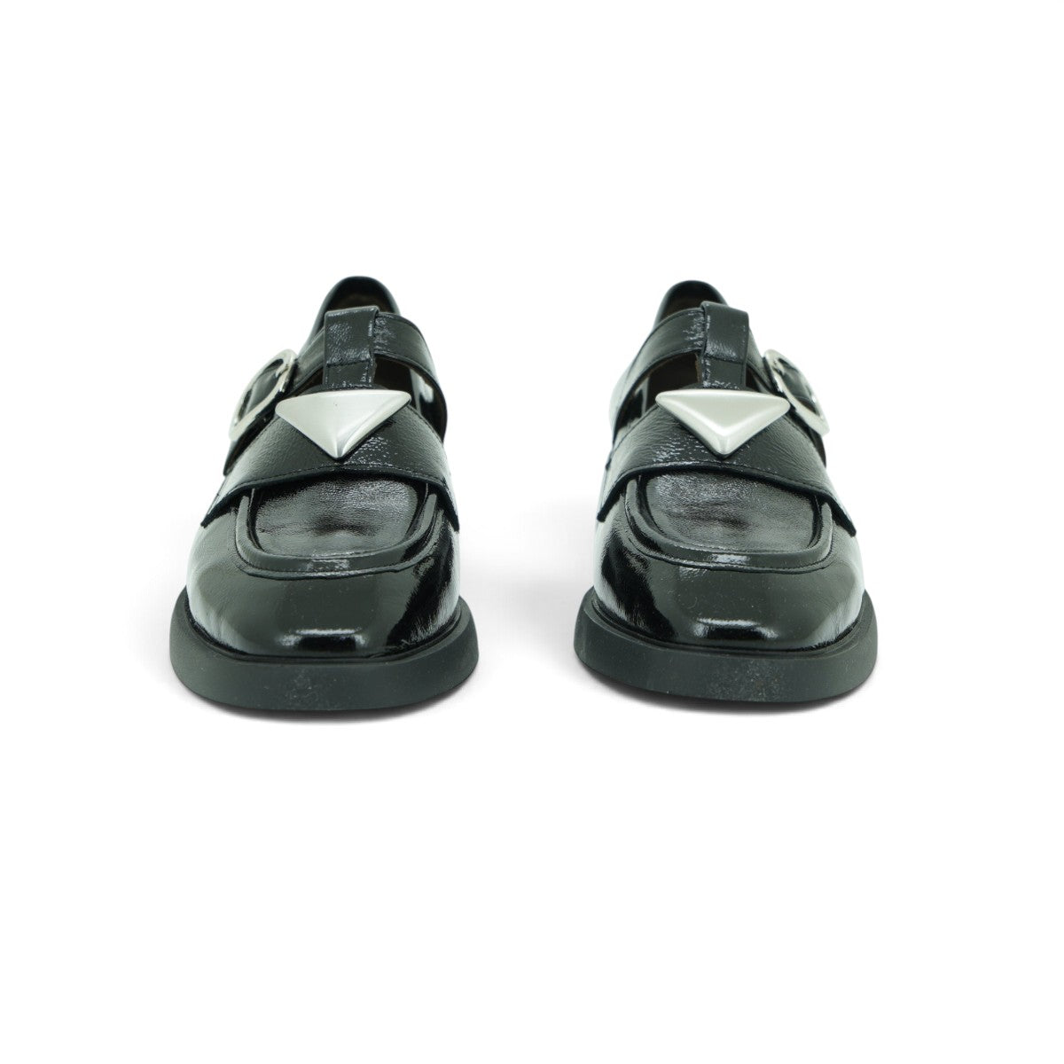 Vavoulas Black Patent Leather Silver Buckle T-Bar Round-Toe Flat Loafer Mary Jane | 2026VAV19