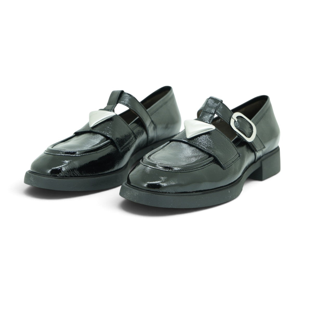 Vavoulas Black Patent Leather Silver Buckle T-Bar Round-Toe Flat Loafer Mary Jane | 2026VAV19