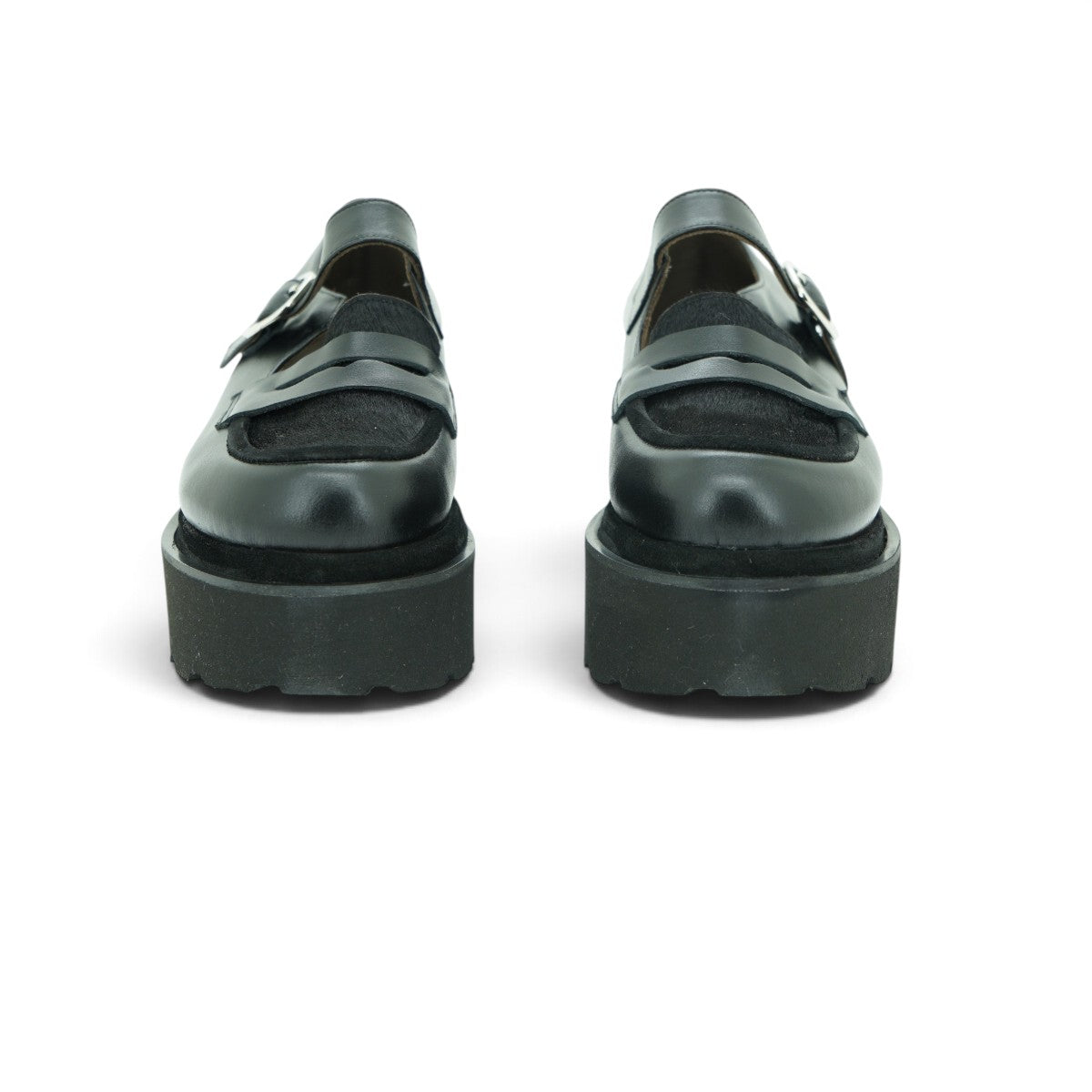 Vavoulas Black Leather & Fabric Mary Jane Loafer Platform Lug Sole | 2026VAV24