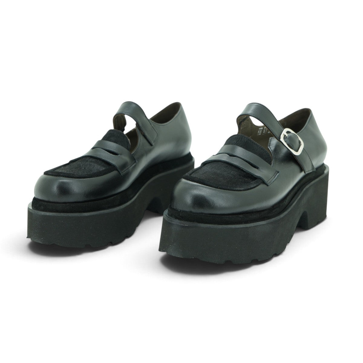 Vavoulas Black Leather & Fabric Mary Jane Loafer Platform Lug Sole | 2026VAV24